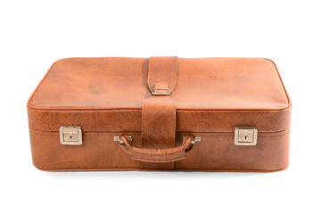 Brown retro leather suitcase on white background