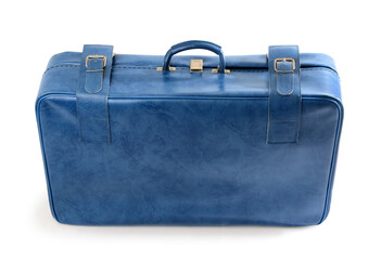 Blue retro leather suitcase on white background