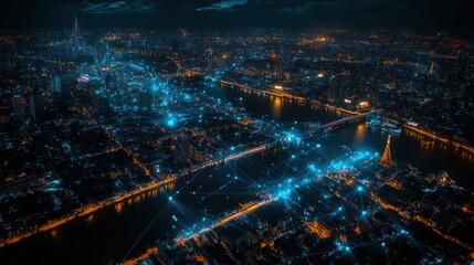 Night city aerial view, network connections, river, bridges, urban landscape