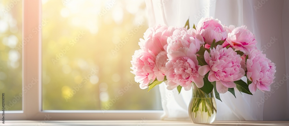 Poster peony bouquet in a glass vase on a sunlit table next to a window with sheer white curtains allowing 