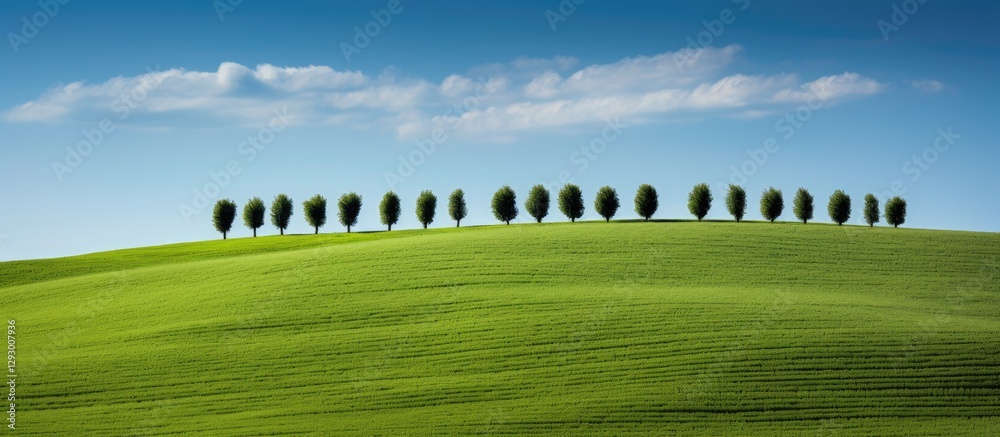 Aufkleber line of slender trees standing in a row on a vibrant green hillside against a clear blue sky with fl