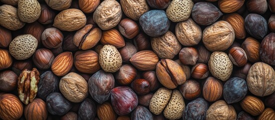 Healthy assortment of organic mixed nuts and dried fruits in a wooden bowl with warm brown tones on a rustic wooden background.