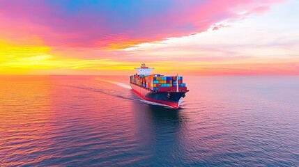 A vibrant cargo ship sails through calm waters at sunset, creating a stunning contrast between the colorful containers and the dramatic sky.cargo management warehouse scheduling