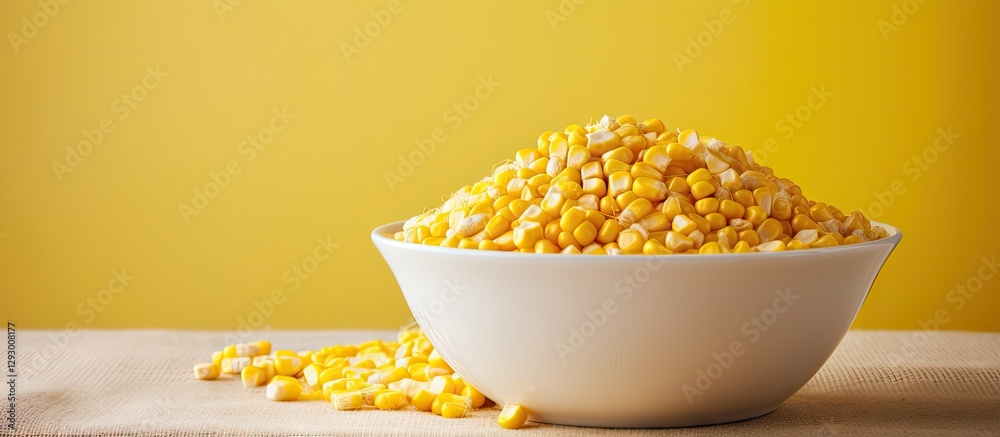 Aufkleber Fresh organic corn kernels piled high in a white bowl set against a solid yellow background with scattered kernels around the base.