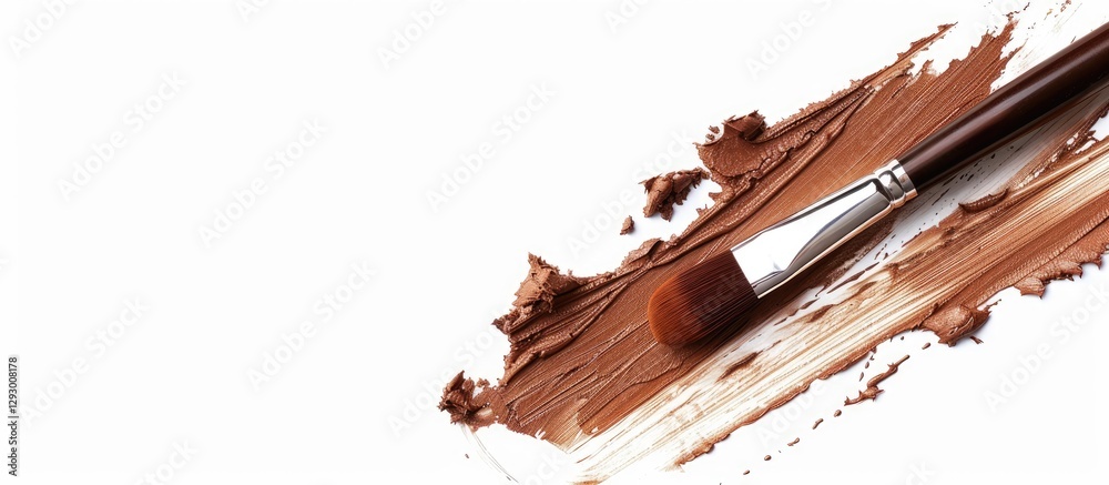 Poster light brown plasticine brush resting on white backdrop with creamy smudge and ample copy space on th