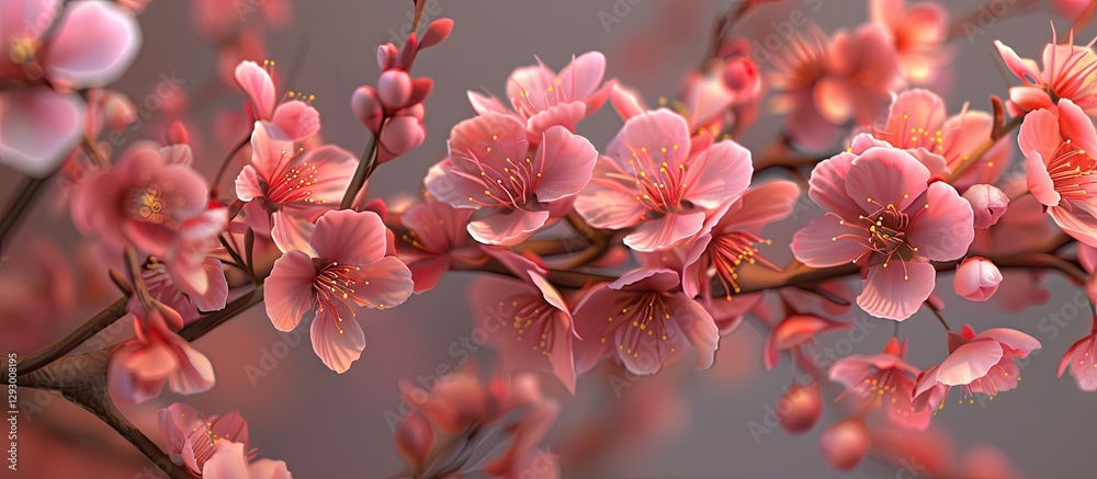Leinwandbilder delicate pink peach blossoms cascade elegantly on a slender branch with a soft gray background creat