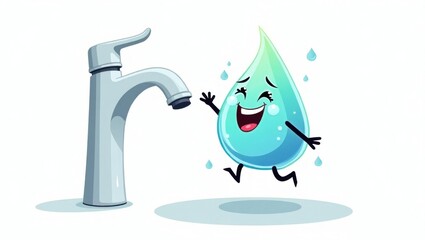 Cheerful Water Droplet Leaping From Faucet
