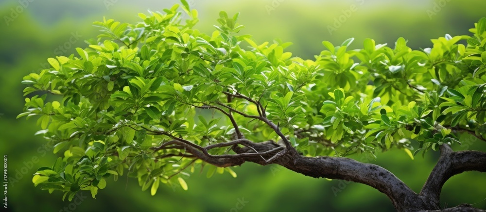 Poster Lush green Andrographis paniculata tree branch with vibrant leaves, softly blurred background highlighting natural hues and tranquility.