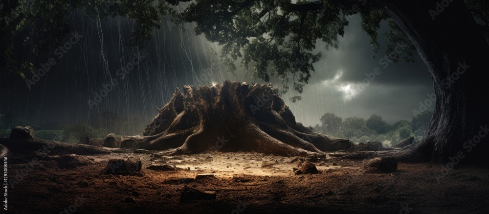 Poster dramatic landscape featuring a hollow tree struck by lightning positioned centrally with dark rain c
