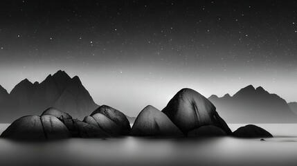   A monochromatic image of rocky formations submerged in a serene waterway, surrounded by majestic mountain ranges, and adorned with celestial bodies overhead