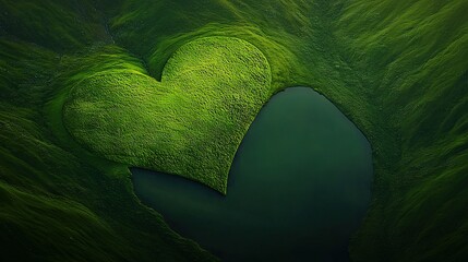   A grass heart floats amidst water in the center of a green field
