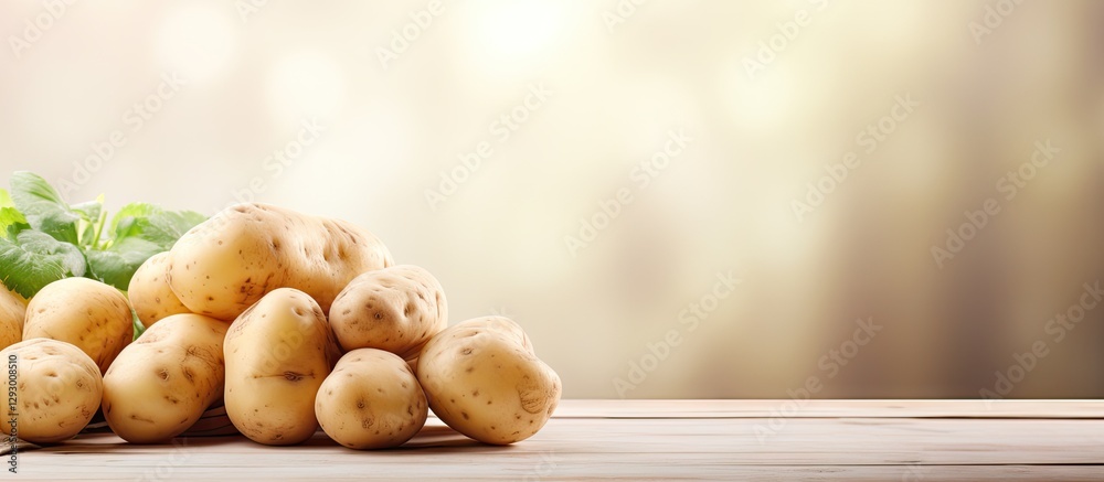 Poster freshly harvested potatoes on a light wooden background with a soft bokeh effect; warm earthy tones 