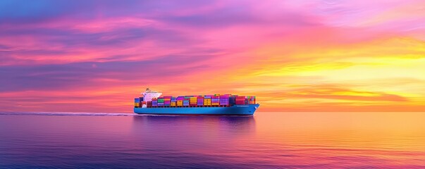 A cargo ship sails across a tranquil sea, illuminated by a vibrant sunset that paints the sky in hues of pink, orange, and purple.cargo management warehouse scheduling