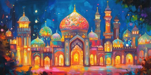 Obraz premium Enchanting Mosque: An enchanting artistic representation of a majestic mosque, illuminated with a warm, inviting glow, set against a backdrop of a starry night sky.