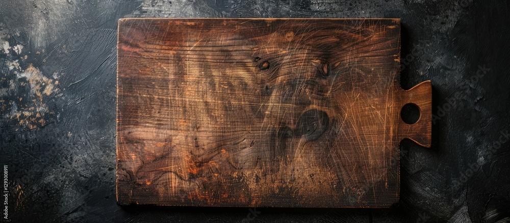 Aufkleber Wooden rectangular cutting board with space for text on dark textured concrete background showcasing rich brown tones and detailed grain patterns.