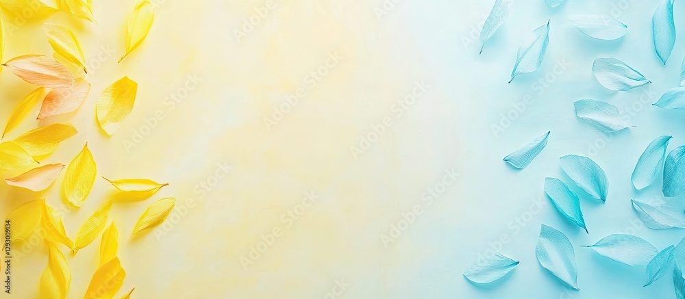 Aufkleber colorful petals in yellow and blue arranged at the corners of a soft gradient background creating a 