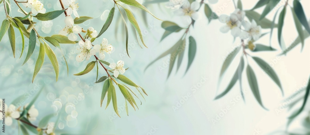 Poster delicate spring scene with soft green willow leaves and white pear blossoms against a pale blue back