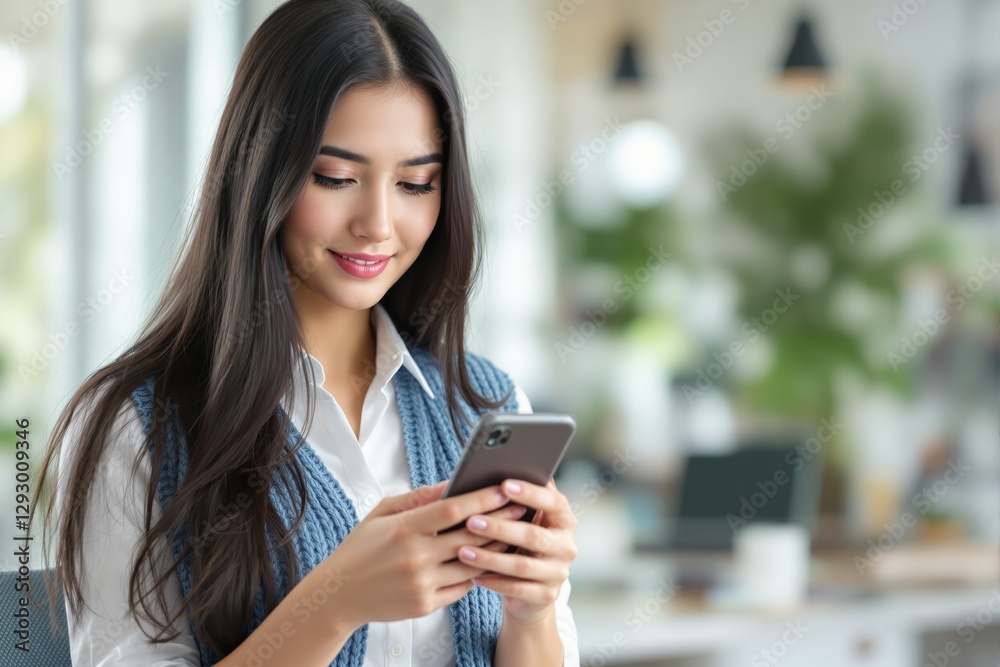 Aufkleber woman using smartphone in modern office environment.