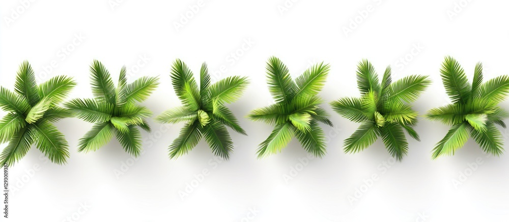 Poster coconut tree leaves arranged in a horizontal line on a pure white background showcasing vibrant gree