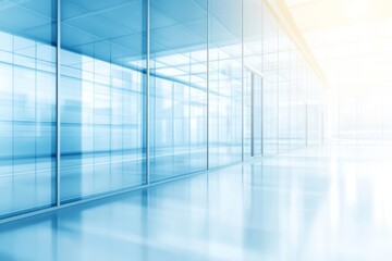 The background of a modern office hall with panoramic windows is beautifully blurred, illuminated by lovely lighting