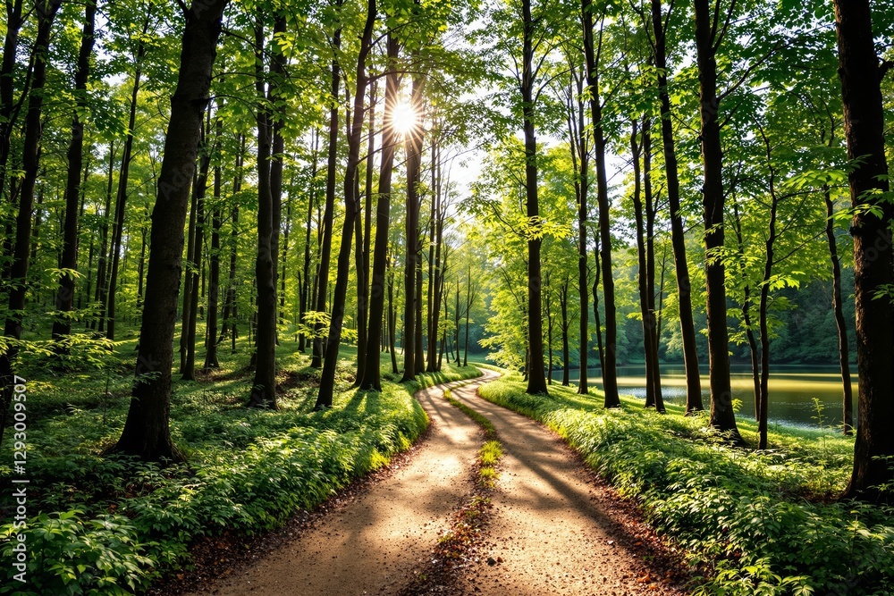 Aufkleber forest path with sunlight through trees by a lake.