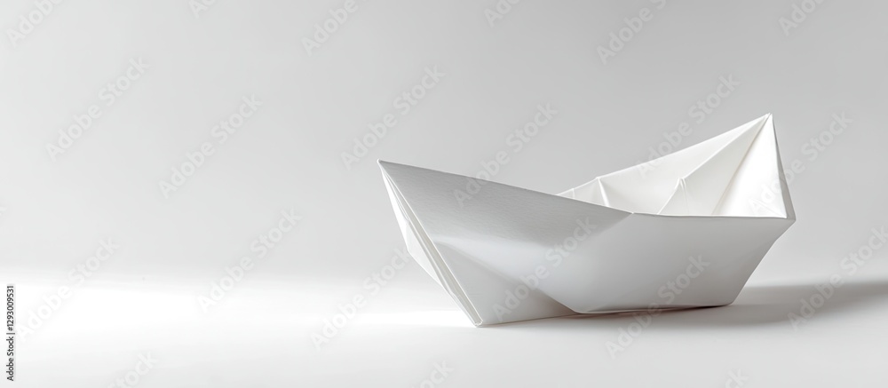 Poster minimalist white origami paper boat positioned on the right side against a clean white background cr