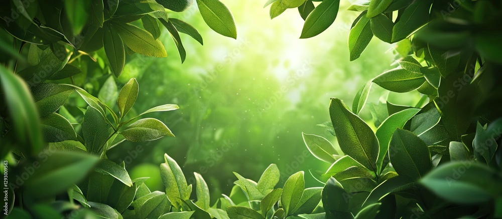 Poster Lush green leaves framing a soft glowing backdrop in a summer garden, creating an immersive natural atmosphere for ecological themes.