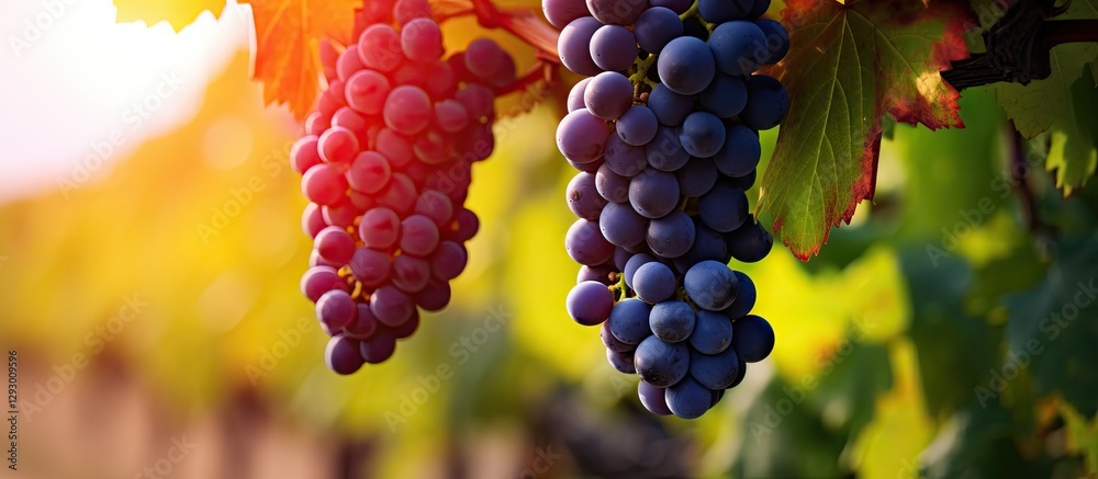Aufkleber sunlit clusters of deep purple red wine grapes hanging on lush green vines against a warm golden bac