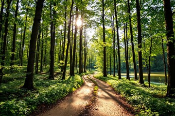 Fototapeta premium Forest path with sunlight through trees by a lake.