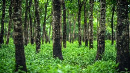 Obraz premium Lush Green Forest with Tall Trees and Dense Underbrush in Nature