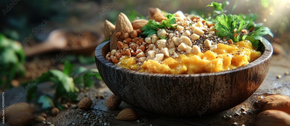 Aufkleber Nutritious breakfast bowl with vibrant yellow smoothie base topped with an array of nuts and green herbs in a rustic wooden bowl on a textured surface