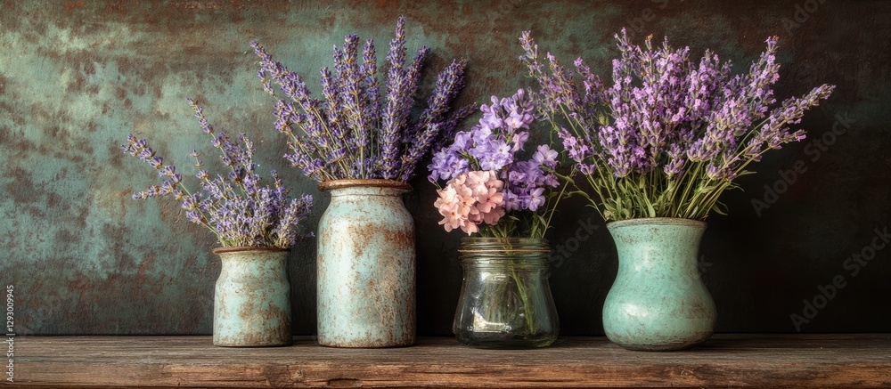 Aufkleber vintage flower arrangements in textured green jars, featuring vibrant lavender and soft pink blooms,