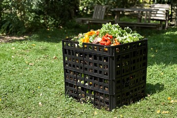 Backyard compost bin filled with food scraps and garden waste, garden setting