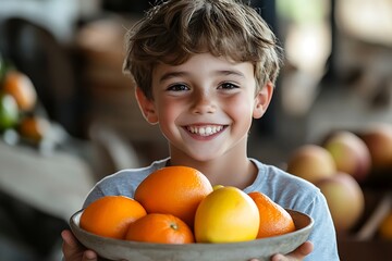 Boy smiles, holding citrus bowl, market