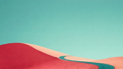  Red and green sand dunes under a blue sky, with blue skies in both foreground and background