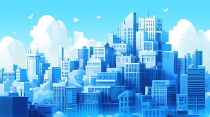 Blue city skyline, sunny day, birds flying, clouds, urban landscape, website banner