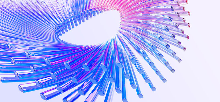 Fototapeta 3d crystal glass circle of holographic blue pink gradient lines. Abstract background wallpaper with round speed motion effect. Render digital tech banner with rainbow curve wave ring. 3D illustration