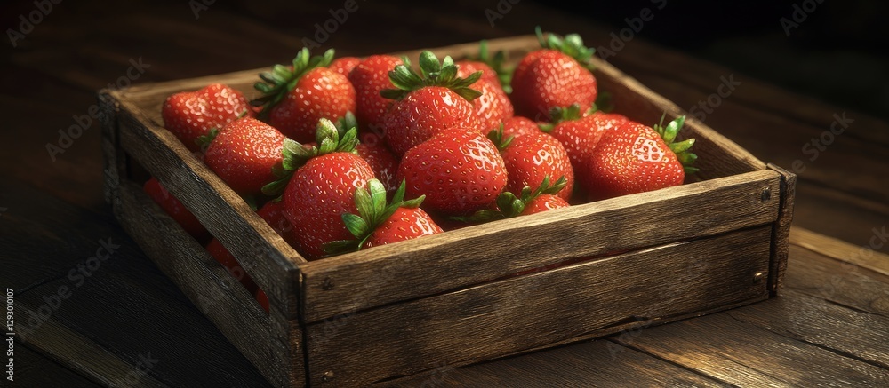 Poster Fresh red strawberries in a wooden crate arranged atop a rustic wooden table with natural lighting creating soft shadows and textures.