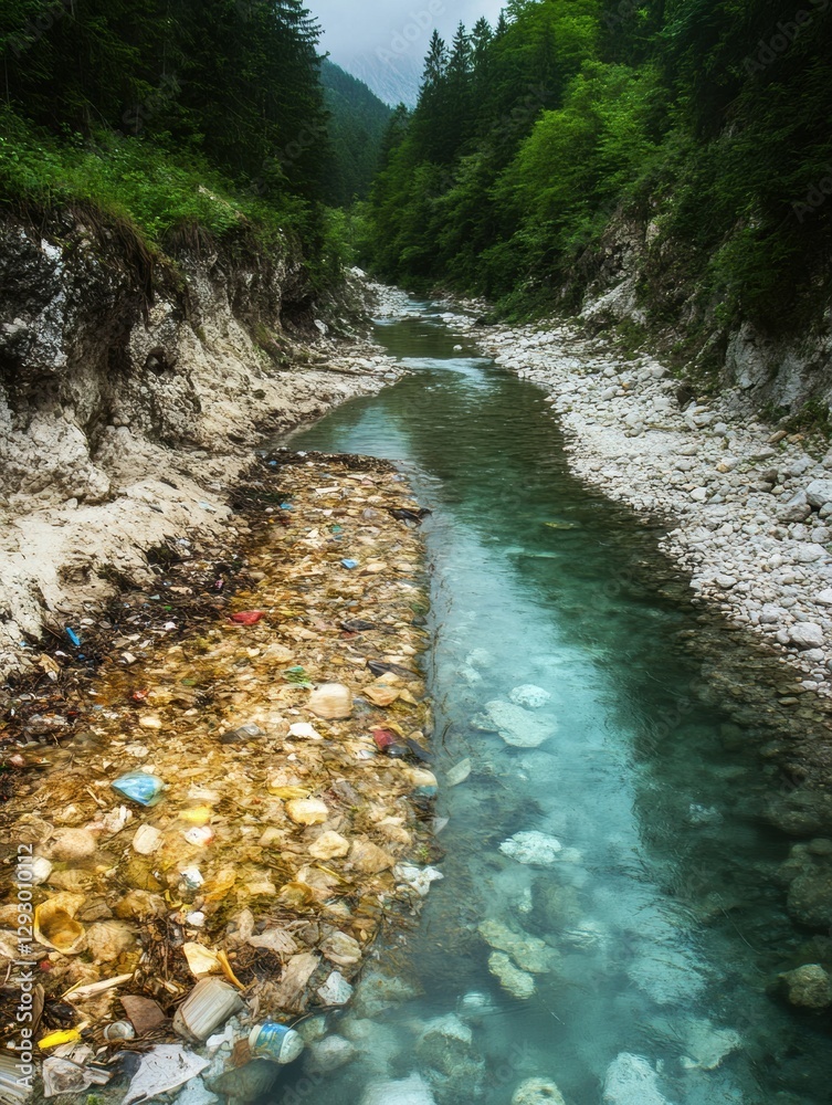 Poster contrast of polluted river and pristine stream highlights urgent need for environmental action in na