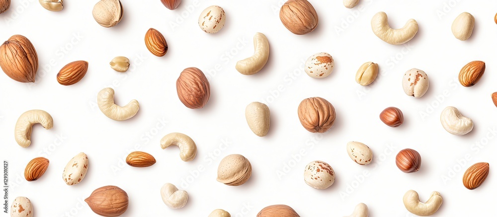 Poster mixed assorted nuts including walnuts, cashews, almonds, and hazelnuts scattered on a clean white ba