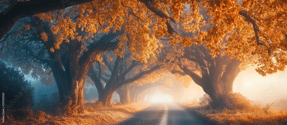 Aufkleber Misty road through vibrant autumn trees with golden leaves creating a mystical atmosphere in the soft morning light and fog.