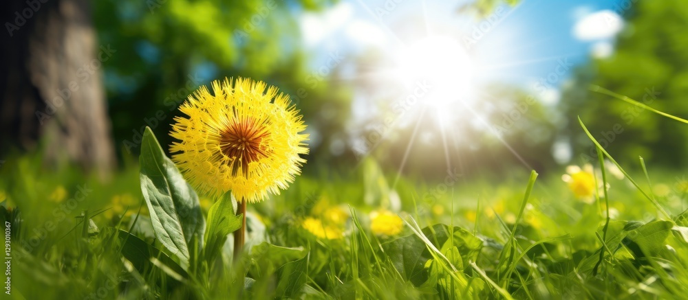 Poster vibrant yellow dandelion flower in lush green grass under bright sunlight with a blurred background 