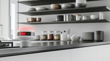 Carbon monoxide alert in a modern kitchen with open shelving. Featuring awareness and protection