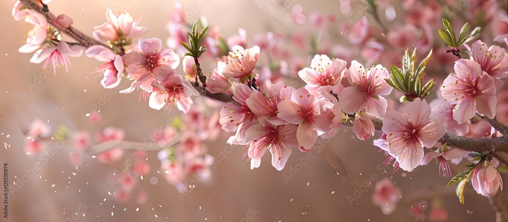 Fototapete Delicate pink blossoms on a peach tree branch with soft blurred background creating ample negative space for text or design elements.