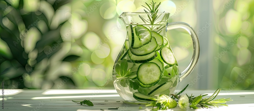 Poster refreshing cucumber water with rosemary in a clear jug on a bright white table against a softly blur
