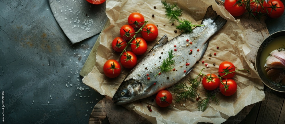Poster fresh fish fillet prepared on parchment paper with vibrant red tomatoes and green dill arranged arti