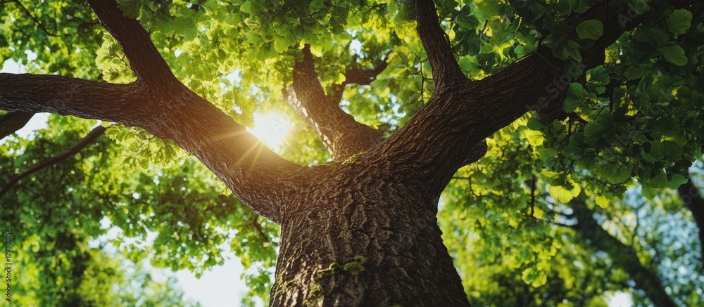 Aufkleber Sunlit tree trunk viewed from below with vibrant green leaves, sunlight filtering through, isolated on white background for easy selection.