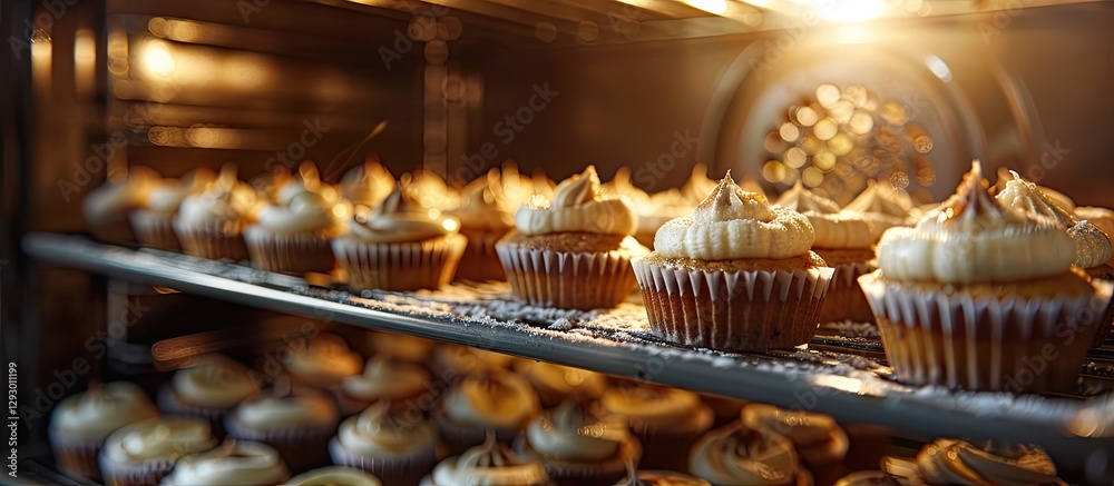 Aufkleber mini banana cupcakes baking in a warm oven on a metal tray with soft golden lighting and a blurred b