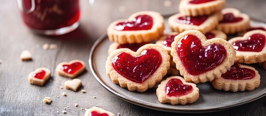 Heart-shaped cookies filled with red raspberry jam arranged on a dark plate with cookie crumbs and a glass of jam in the background.