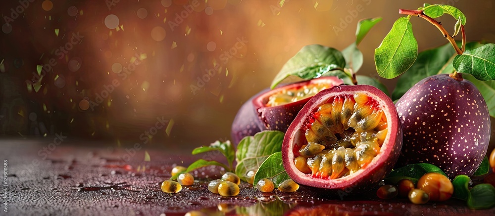 Aufkleber vibrant passionfruits sliced open showcasing bright yellow seeds with green leaves positioned around